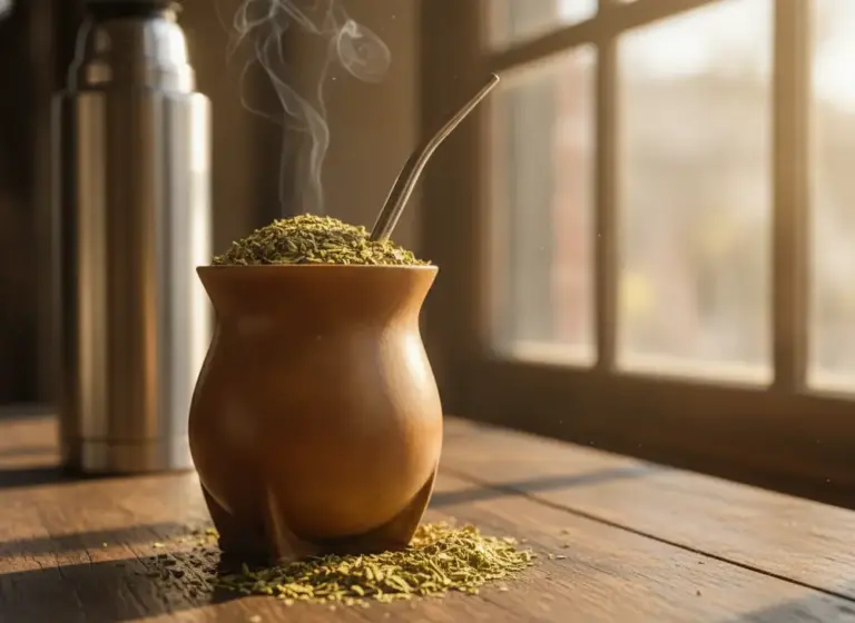 Matero with steaming yerba mate infusion and a thermos in the background – topping up with more rounds of hot water