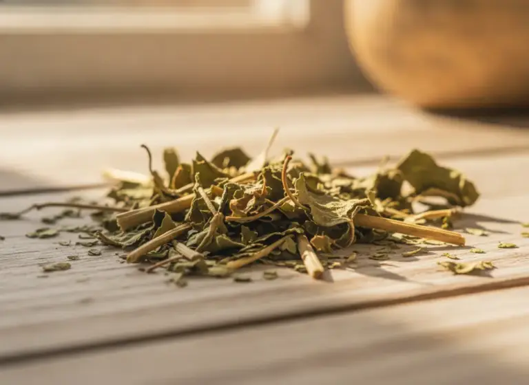 Dried yerba mate leaves in close-up, macro shot