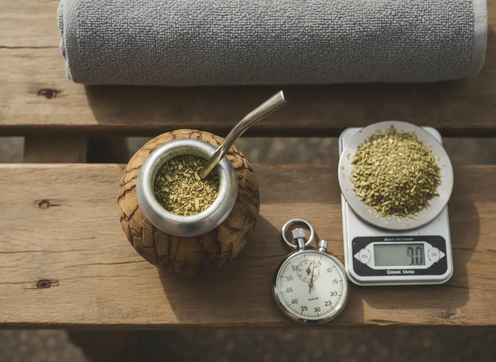 Yerba Mate, a kitchen scale with measured dried leaves and a stopwatch – dosing caffeine before training