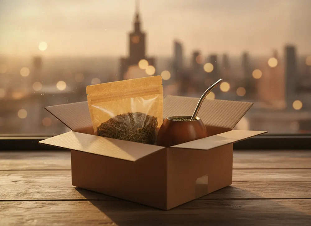 A courier package with yerba mate on a desk, with a blurred panorama of Warsaw at sunset in the background
