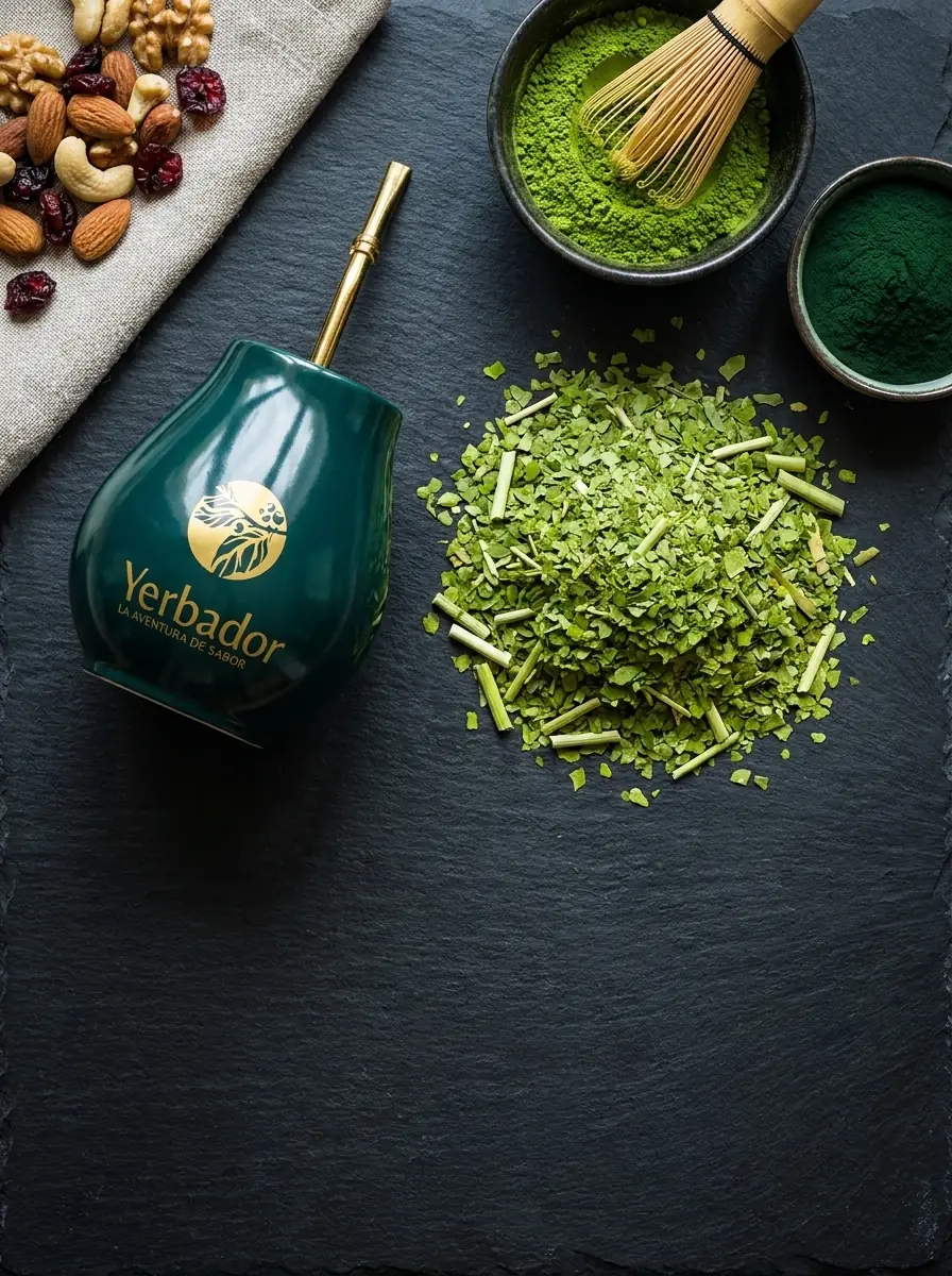 Yerbador matero with yerba mate and a golden bombilla