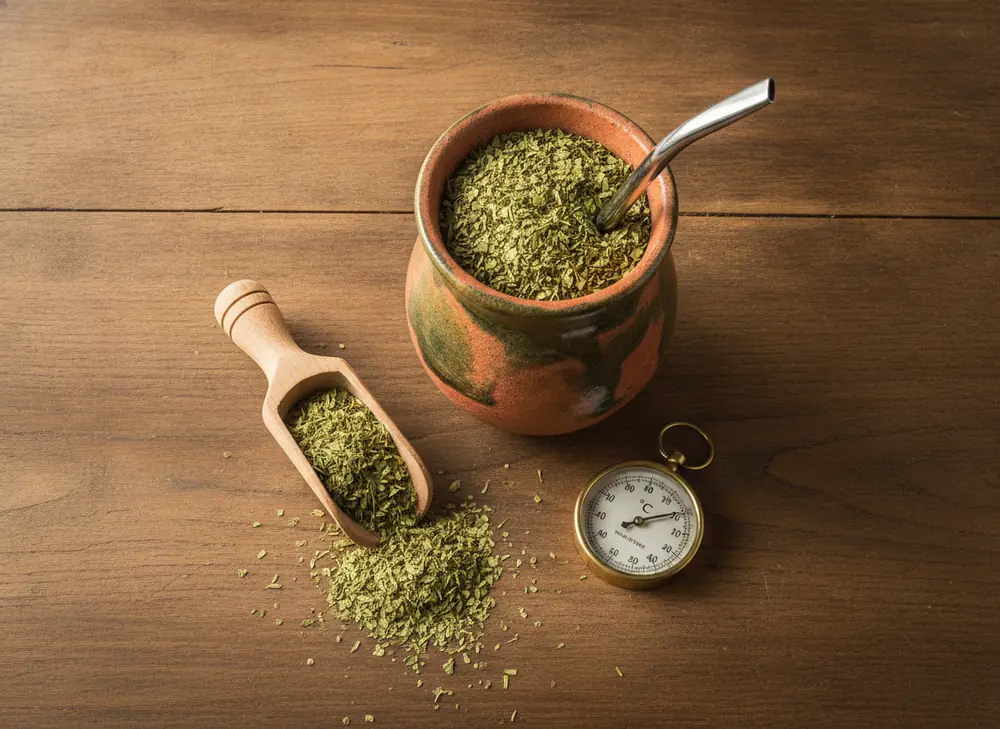 Yerba mate set: matero, bombilla, scoop and dried leaves on a wooden table