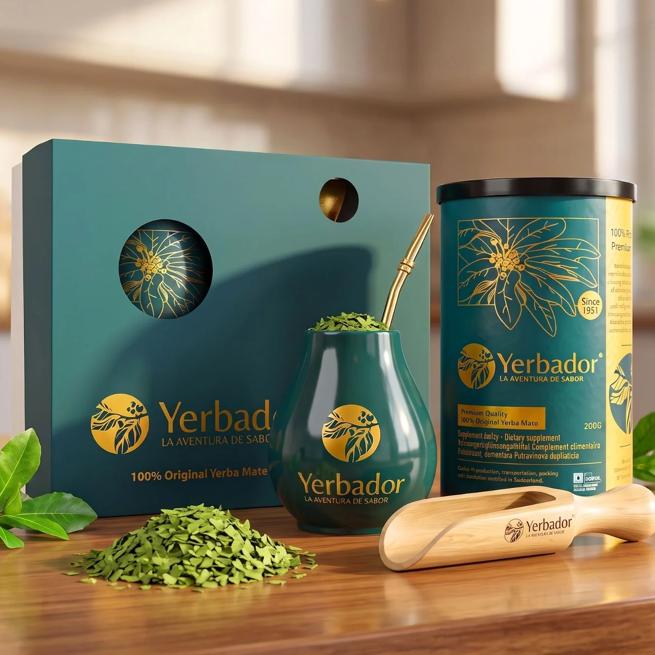 Yerba Mate Gift Set with a tube, matero, bombilla and an exclusive beech scoop