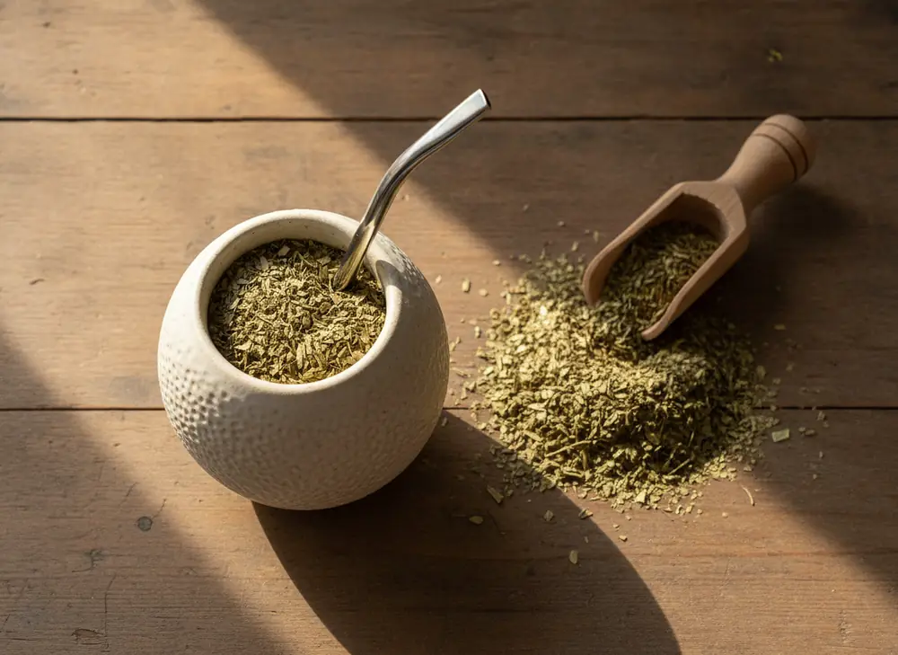 Yerba mate starter set – matero, bombilla and scoop with dried leaves
