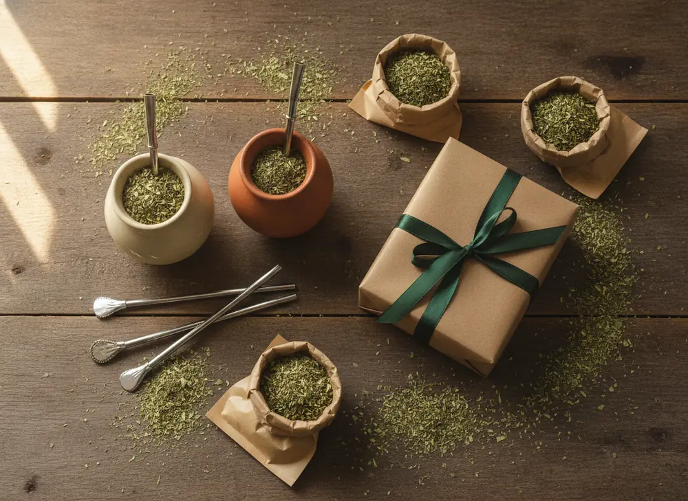 Yerba mate set – matero, bombilla and packs of yerba on a wooden table with a gift box