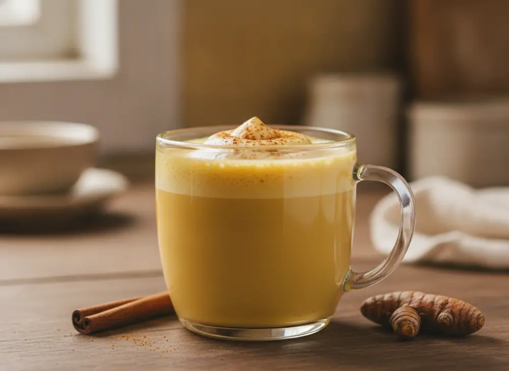 Golden milk with turmeric in a glass cup, a drink made from turmeric powder