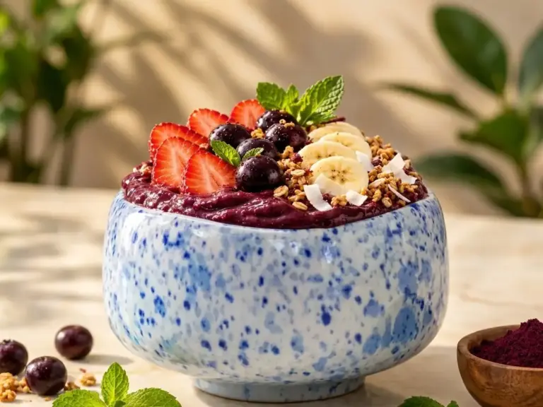 Açaí bowl in a blue Biwa bowl with strawberries, blueberries and banana