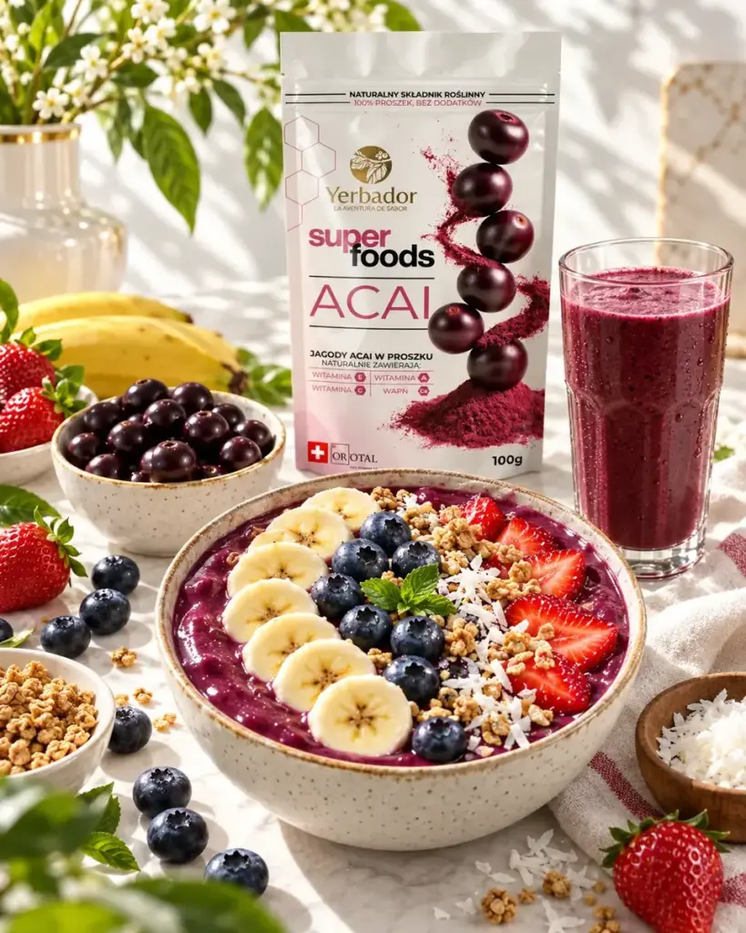 Ginseng in polvere: bowl di açaí con banana e mirtilli, uno smoothie e una confezione di açaí Yerbador