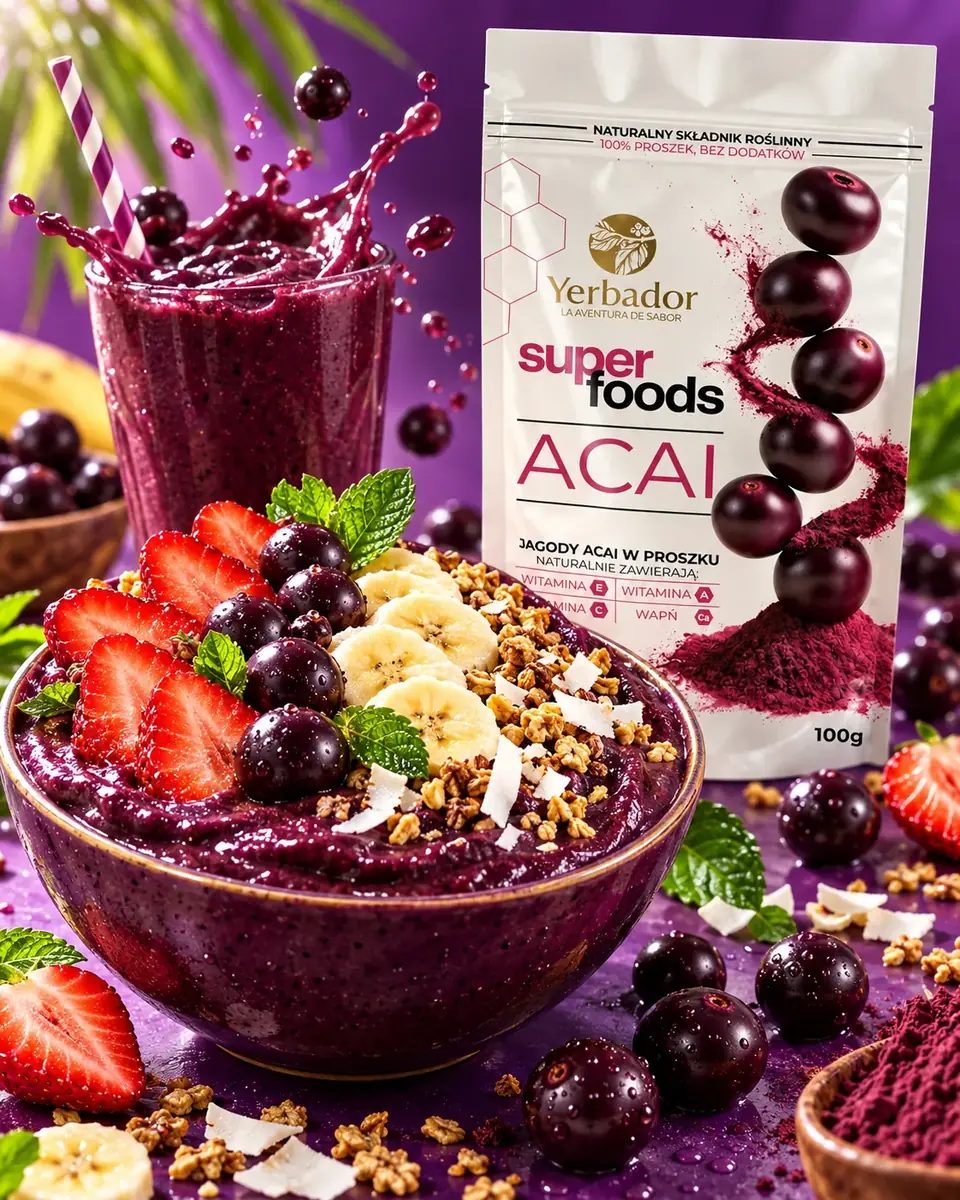 Açaí bowl with strawberries and coconut, smoothie splash and Yerbador açaí package