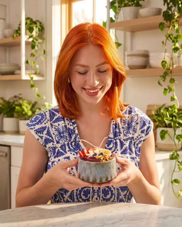 Red-haired woman smiling at an açaí bowl