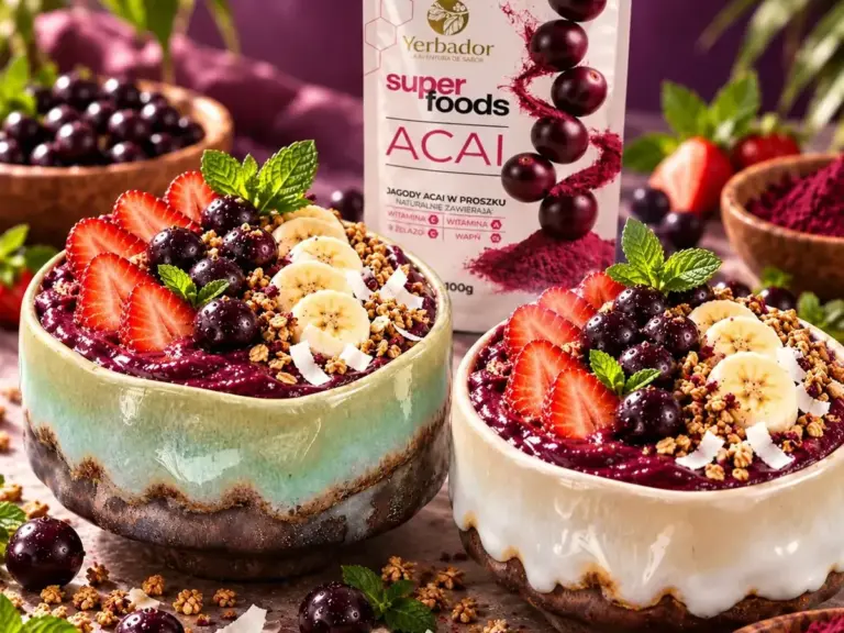 Two açaí bowls with strawberries and granola in Hisui bowls, açaí package in background