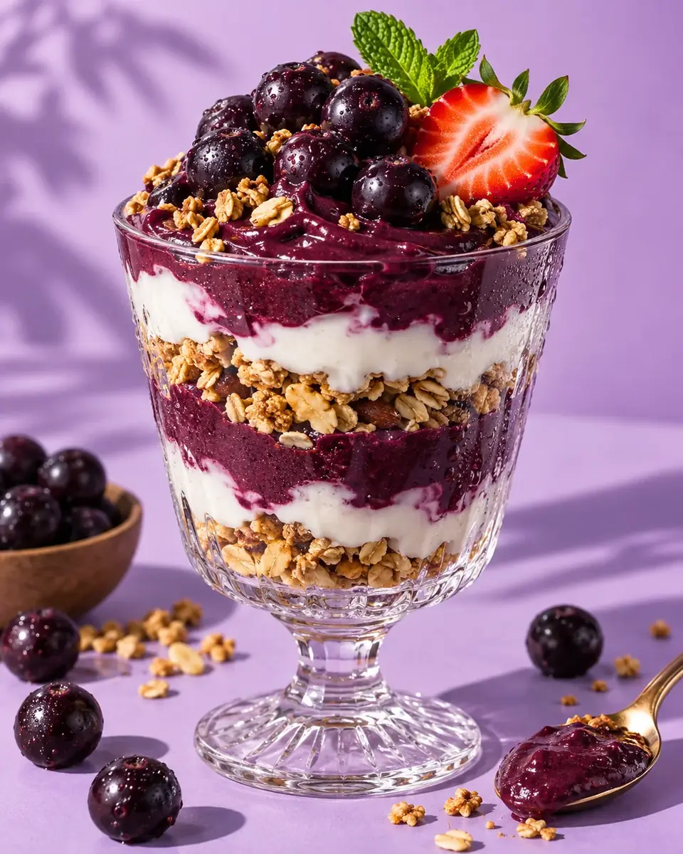Layered açaí dessert with yogurt and granola in a glass