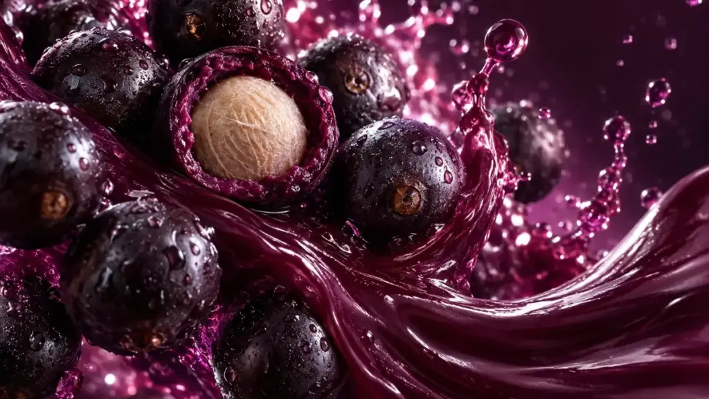 Açaí berries in cross-section with a purple juice splash — macro shot