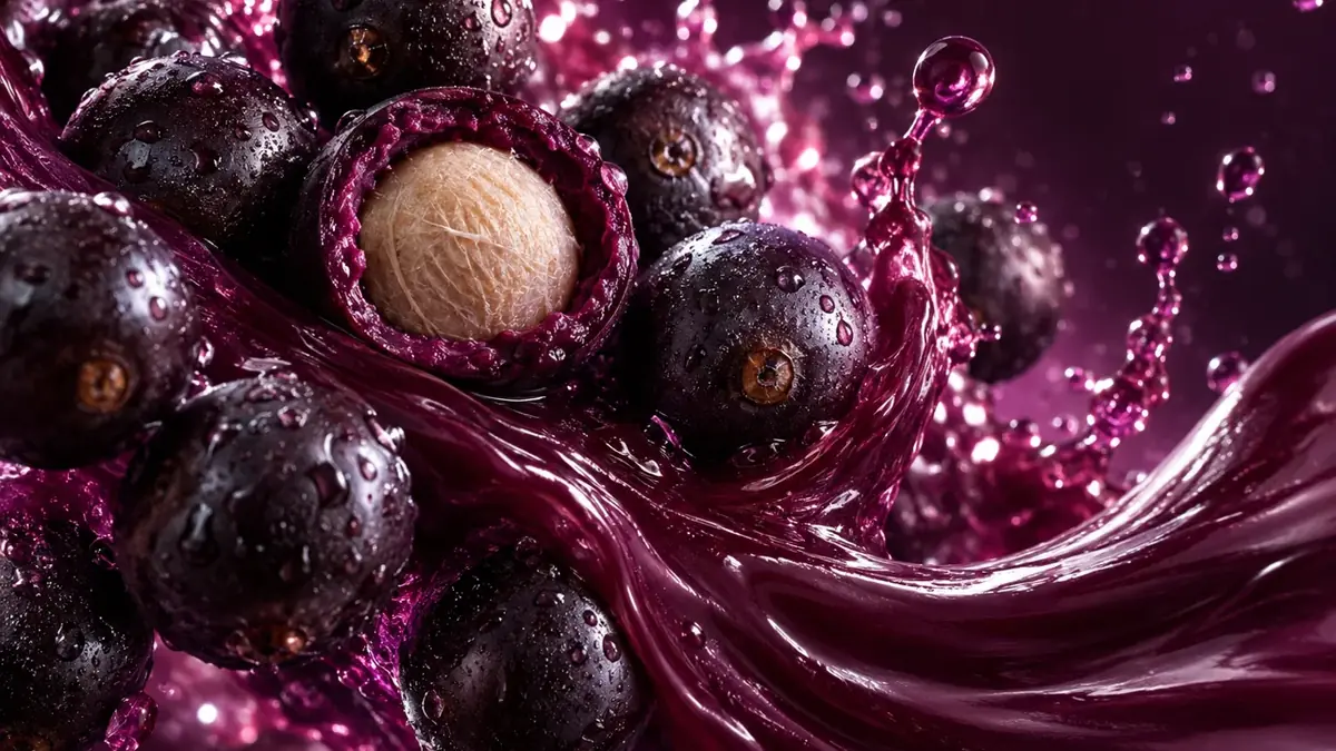 Açaí berries in cross-section with a purple juice splash — macro shot