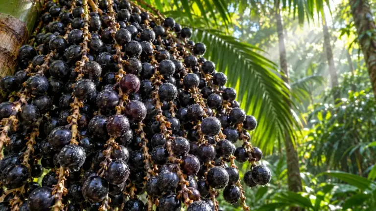 Clusters of açaí fruit on a palm in the Amazon jungle — where açaí comes from