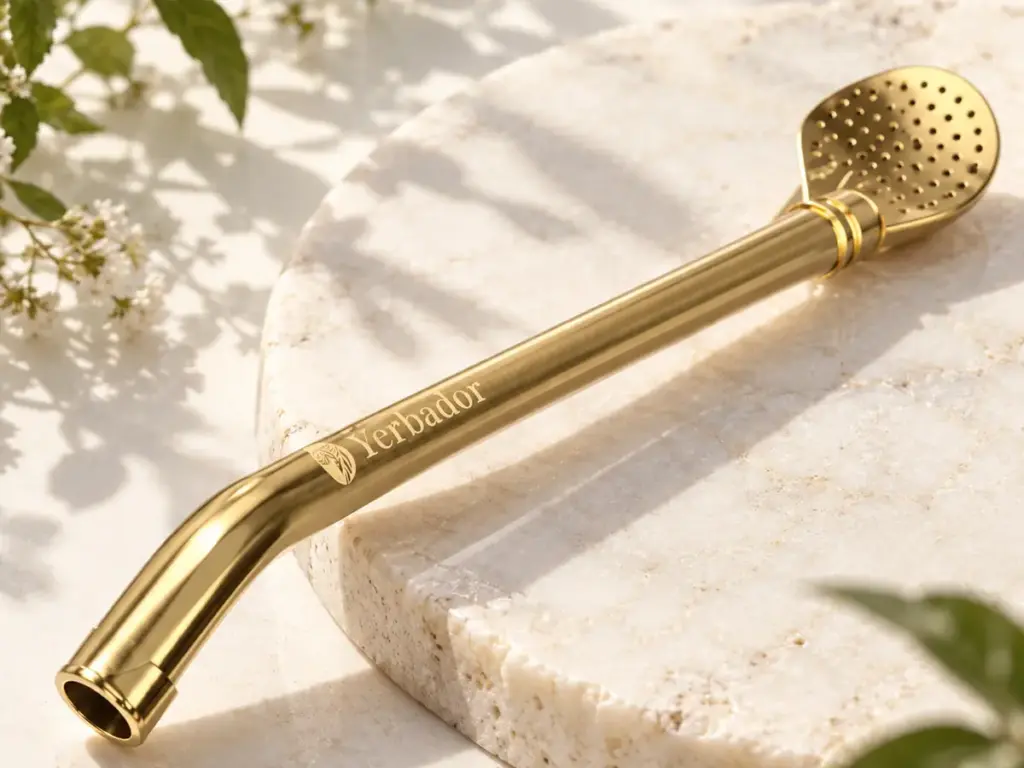 Engraved gold Yerbador bombilla on marble in streaks of sunlight