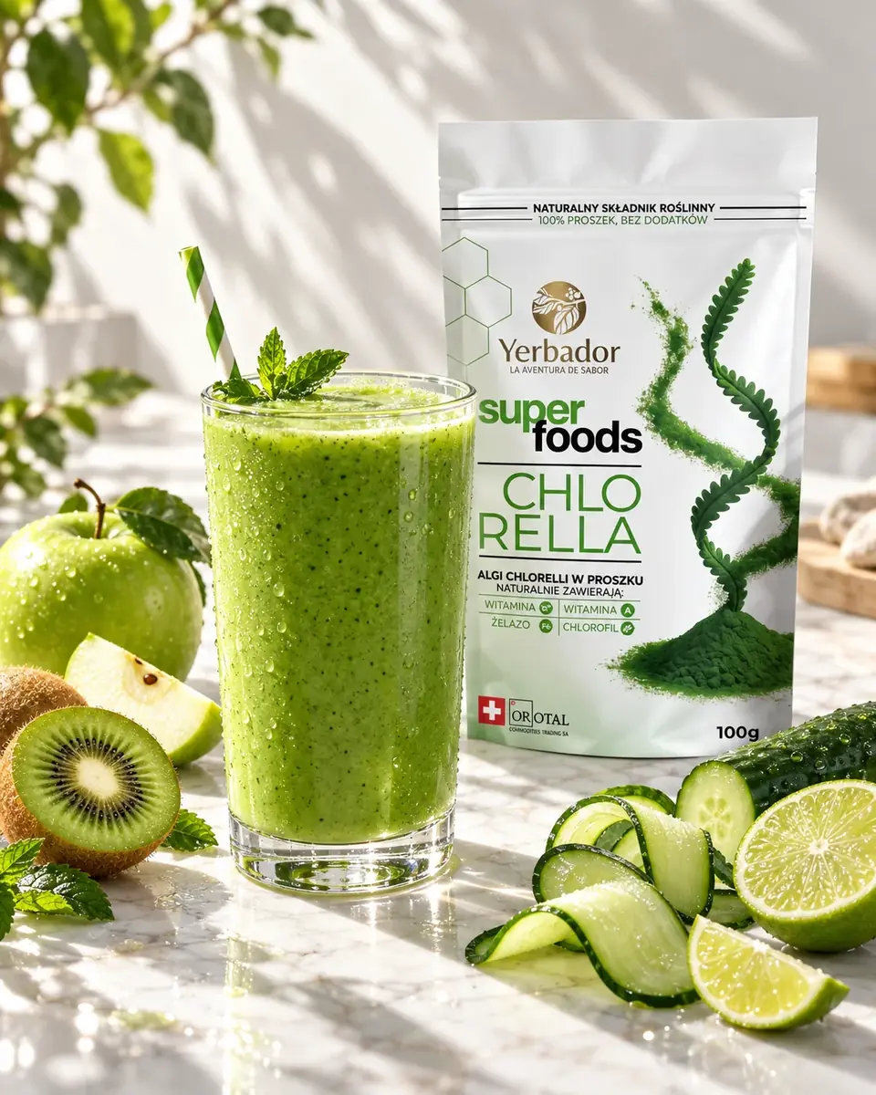 Green chlorella smoothie with apple, kiwi, cucumber and lime