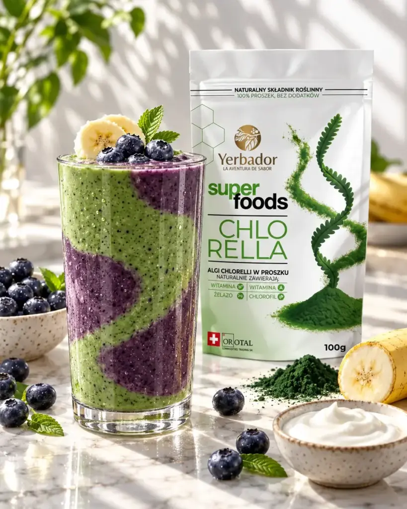 Layered berry-green smoothie with chlorella and blueberries