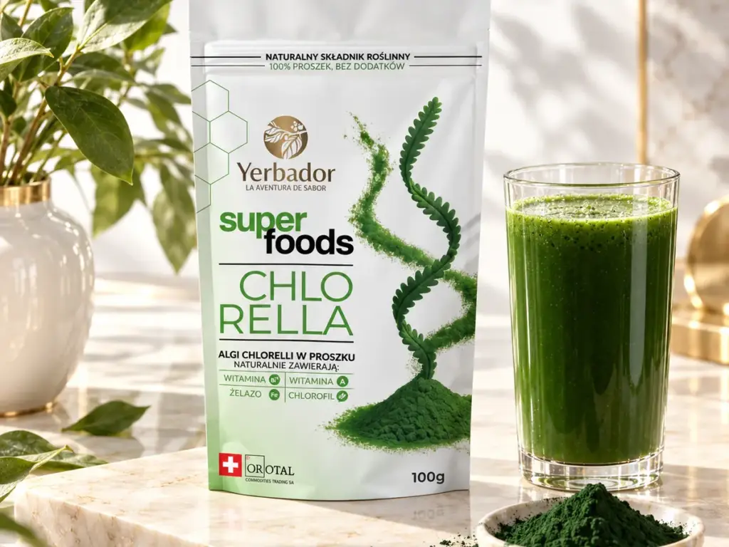 Yerbador chlorella powder with a bowl of powder and a dark green drink
