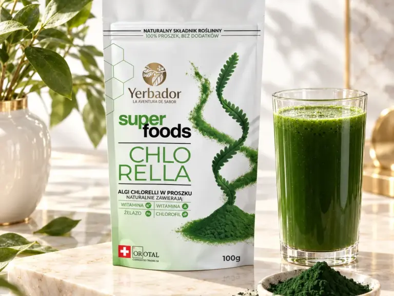 Yerbador chlorella powder with a bowl of powder and a dark green drink