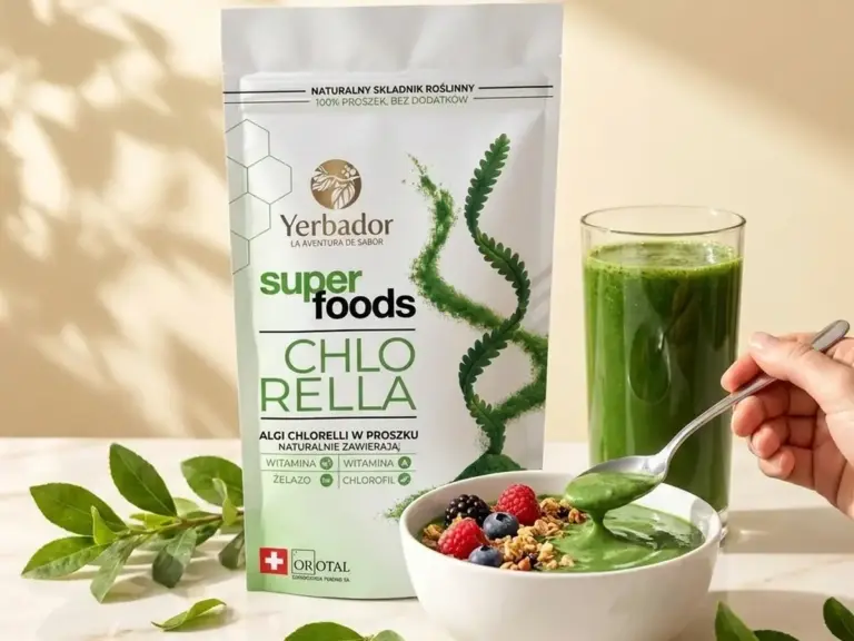 Green bowl with fruit and a Yerbador chlorella smoothie