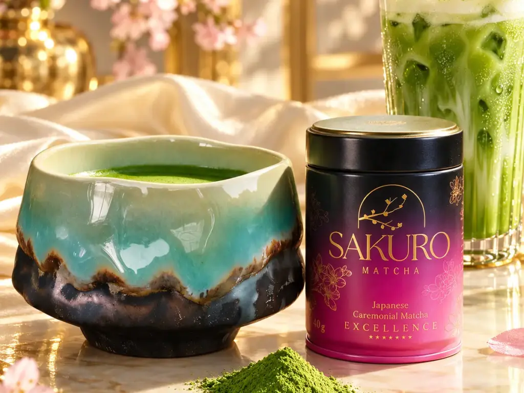 Turquoise chawan with matcha, a Sakuro Excellence tin and an iced latte