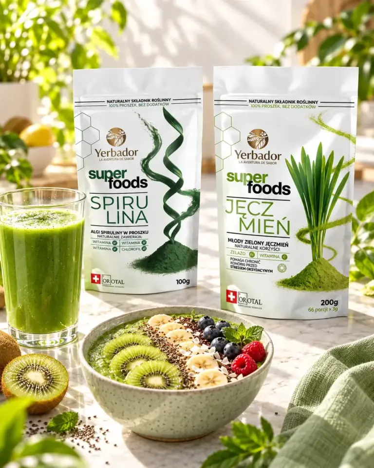 Green kiwi bowl and smoothie, with Yerbador spirulina and young barley nearby