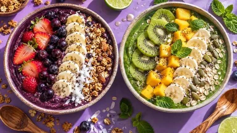Two bowls from above: açaí with strawberries and a green bowl with kiwi and mango