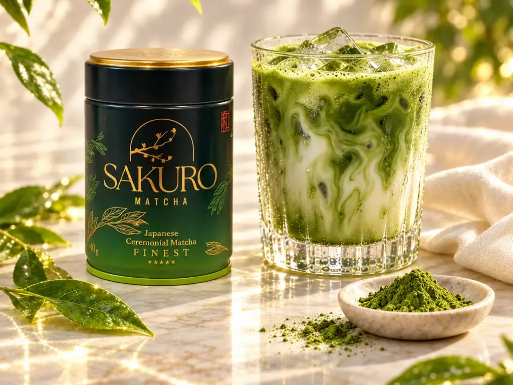 Iced matcha latte with ice next to a Sakuro Finest can and a small dish of powder