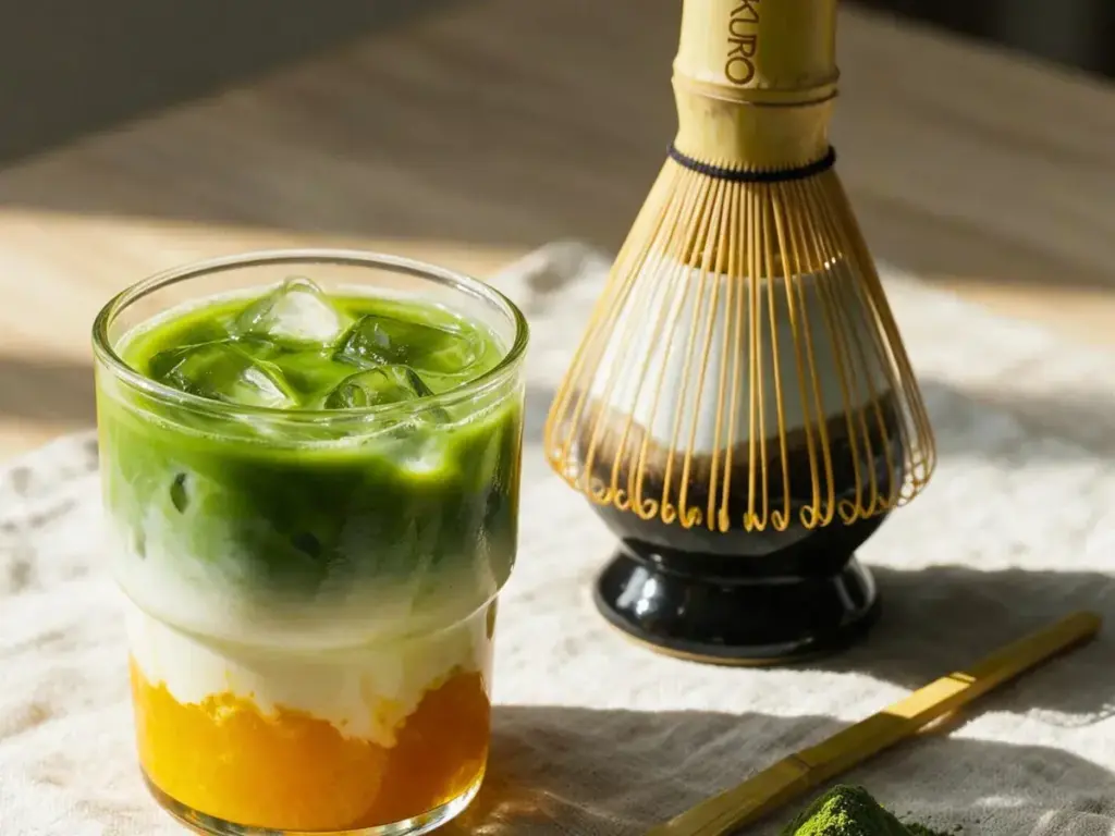 Yerba mate tea bags: iced matcha over mango puree, with a bamboo chasen nearby