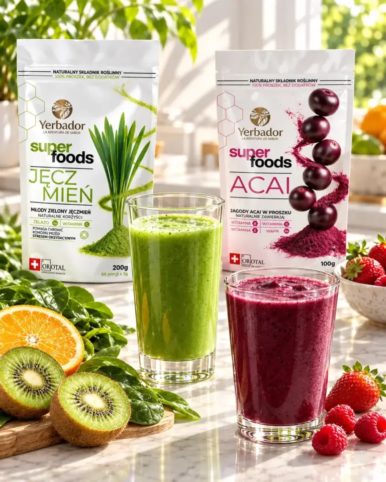 Two smoothies — green with barley and purple with açaí — among fruits