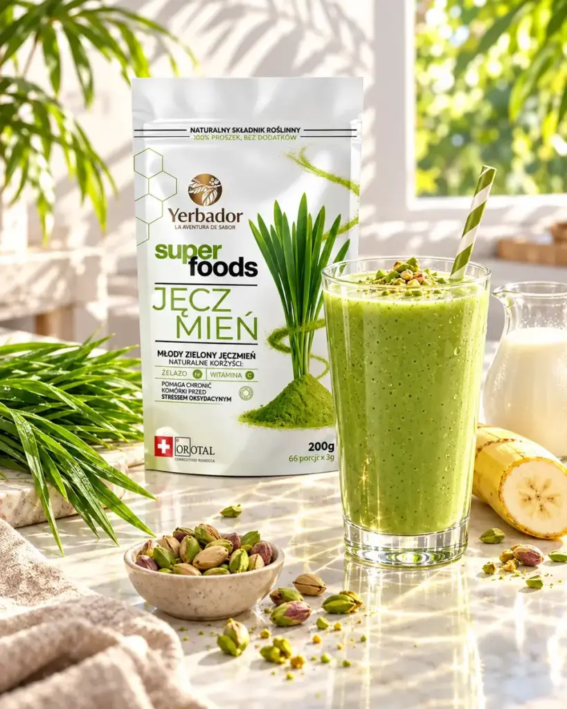 Creamy young barley smoothie with pistachios and banana