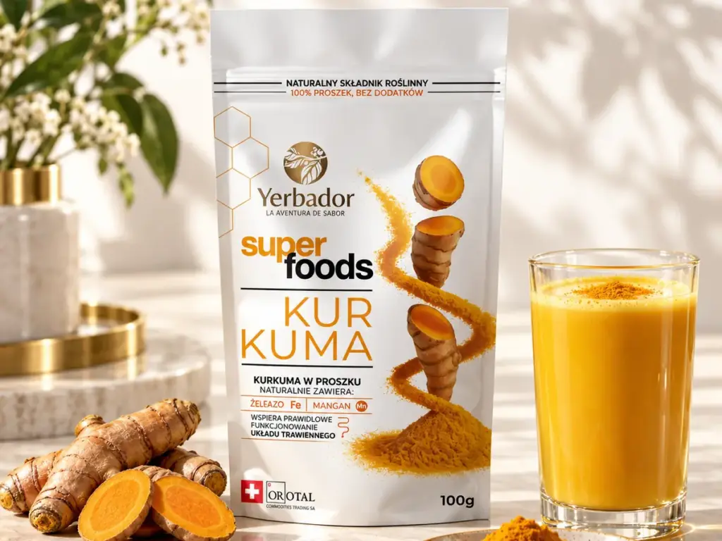 Yerbador turmeric powder with fresh root and a golden drink