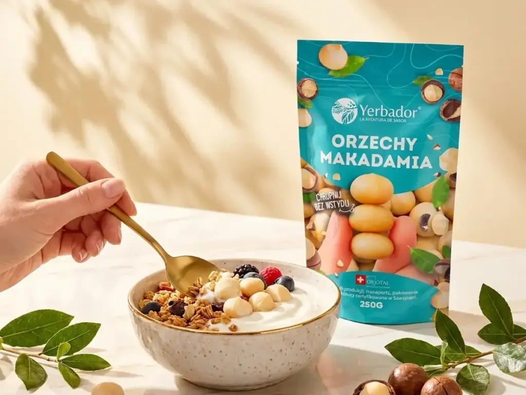 Gedroogde goji: kom yoghurt met granola, fruit en macadamia, naast een pak Yerbador noten