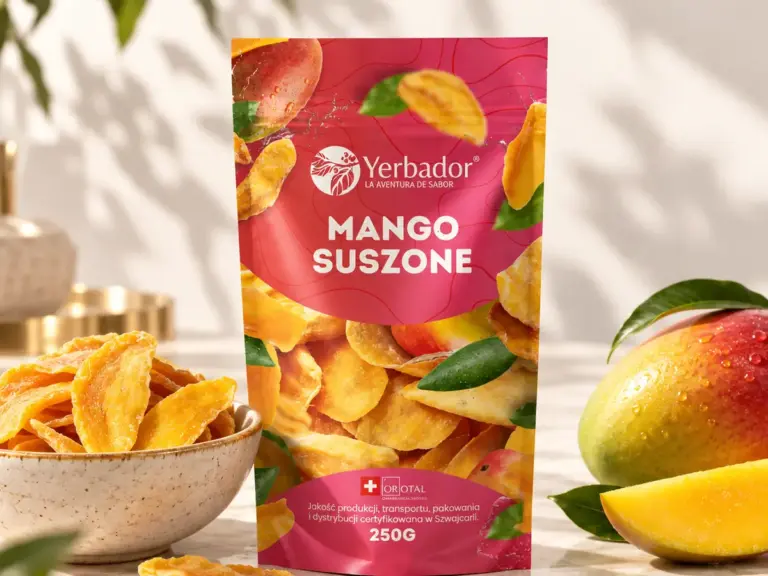 Yerbador dried mango slices next to fresh, cut mango