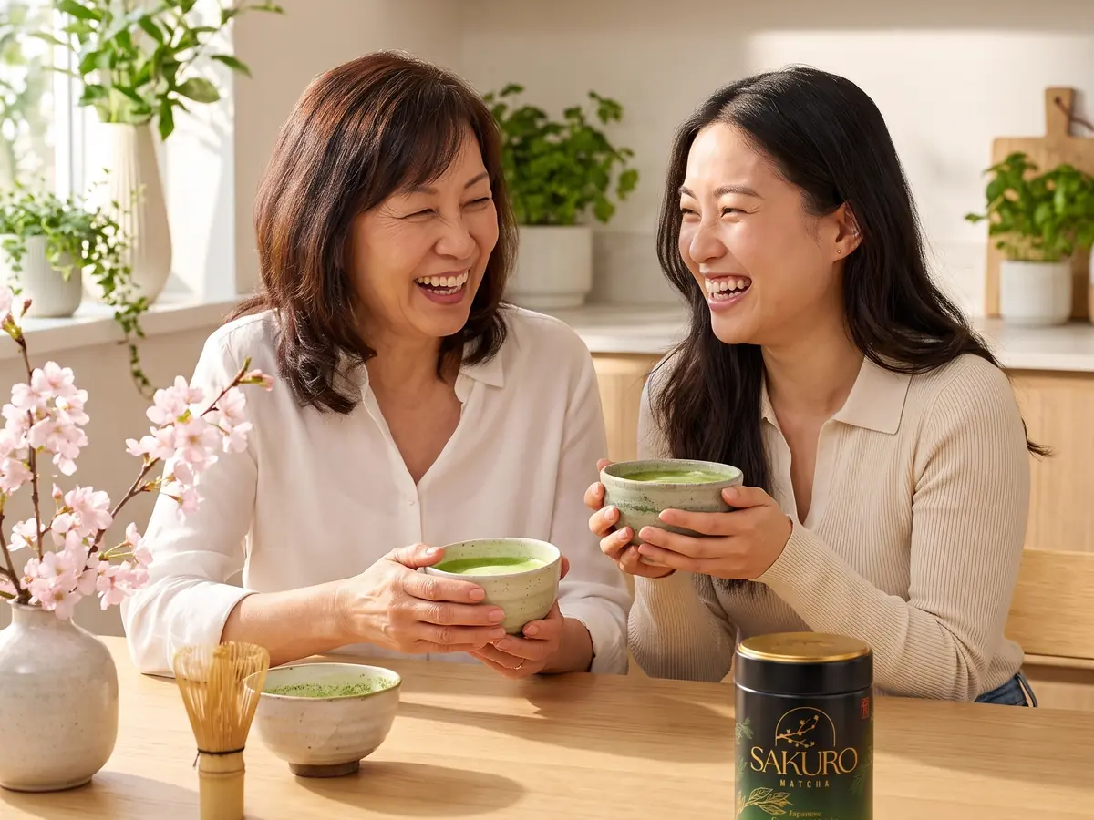 Two women of different generations laughing over matcha chawans and a Sakuro tin