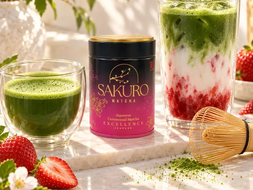 Two matcha glasses — plain and strawberry latte — with a Sakuro Excellence can