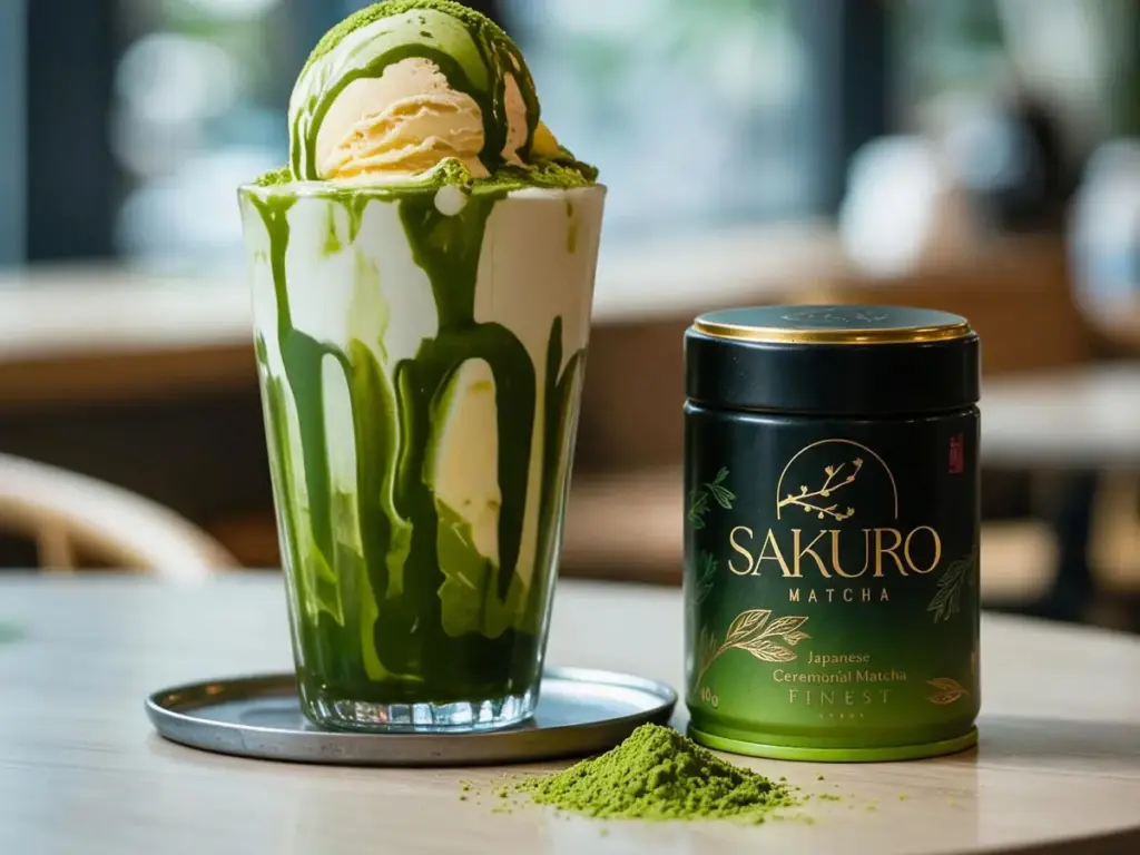 Yerba mate or coffee: matcha float with a scoop of ice cream in a tall glass and a Sakuro Finest tin
