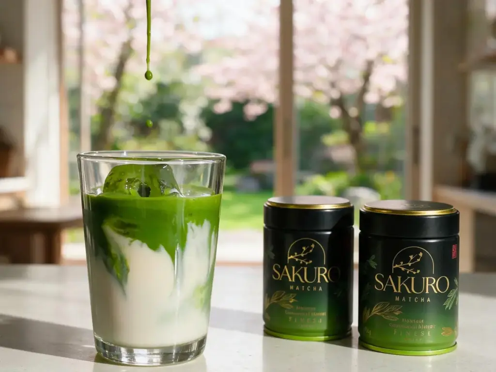 Thick matcha pouring into a glass of milk, with two Sakuro Finest cans nearby