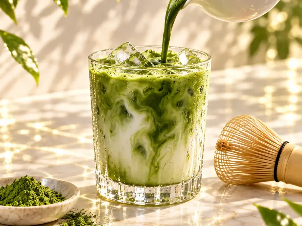 Matcha poured into iced milk — green swirls in the glass