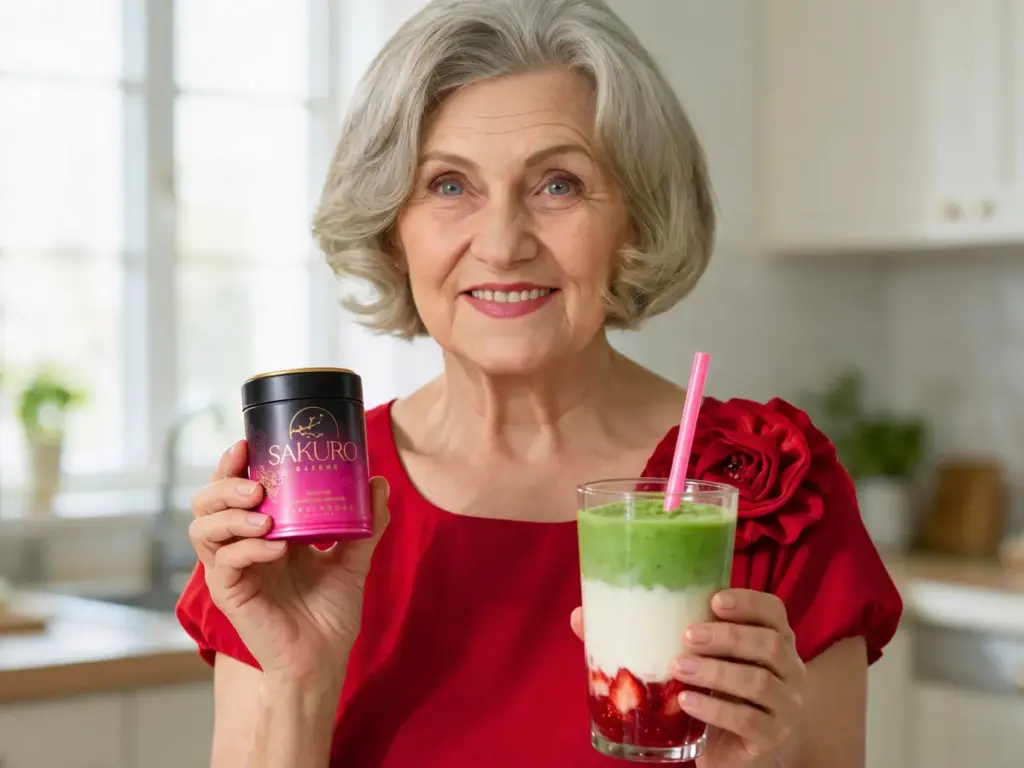 How much caffeine is in tea: smiling elderly woman with a Sakuro Excellence tin and a strawberry matcha latte