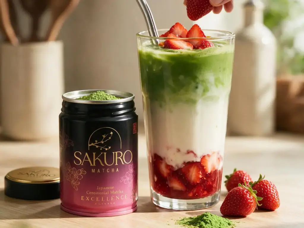 Strawberry matcha latte with a Sakuro Excellence can — hand adding a strawberry