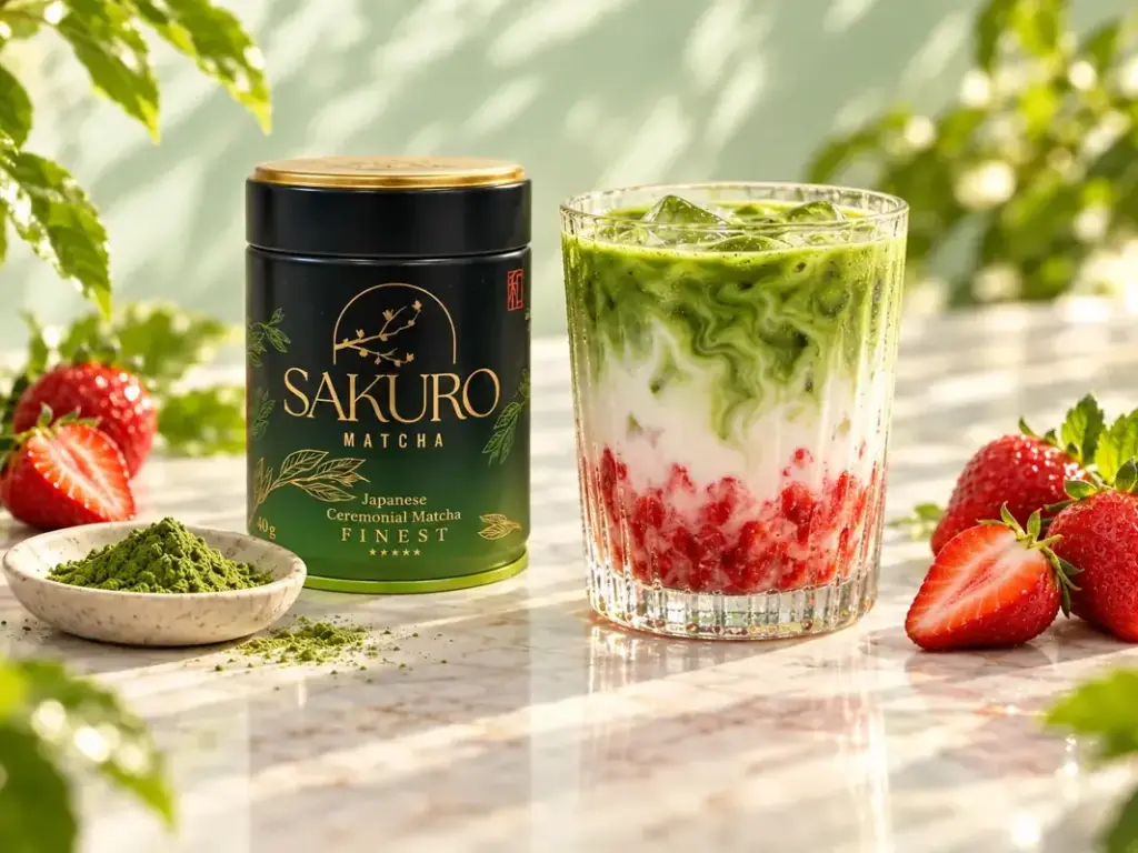 Yerba mate tea: strawberry matcha latte and Sakuro Finest can among strawberries and leaves