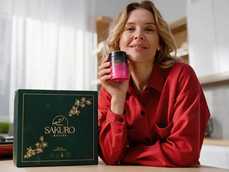 Woman in a bright kitchen with a Sakuro tin and gift box