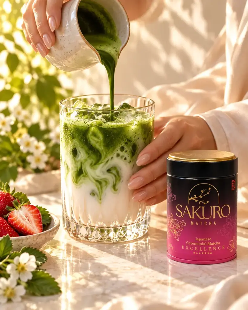 Matcha poured into iced milk — green streaks in the glass, with a Sakuro can nearby