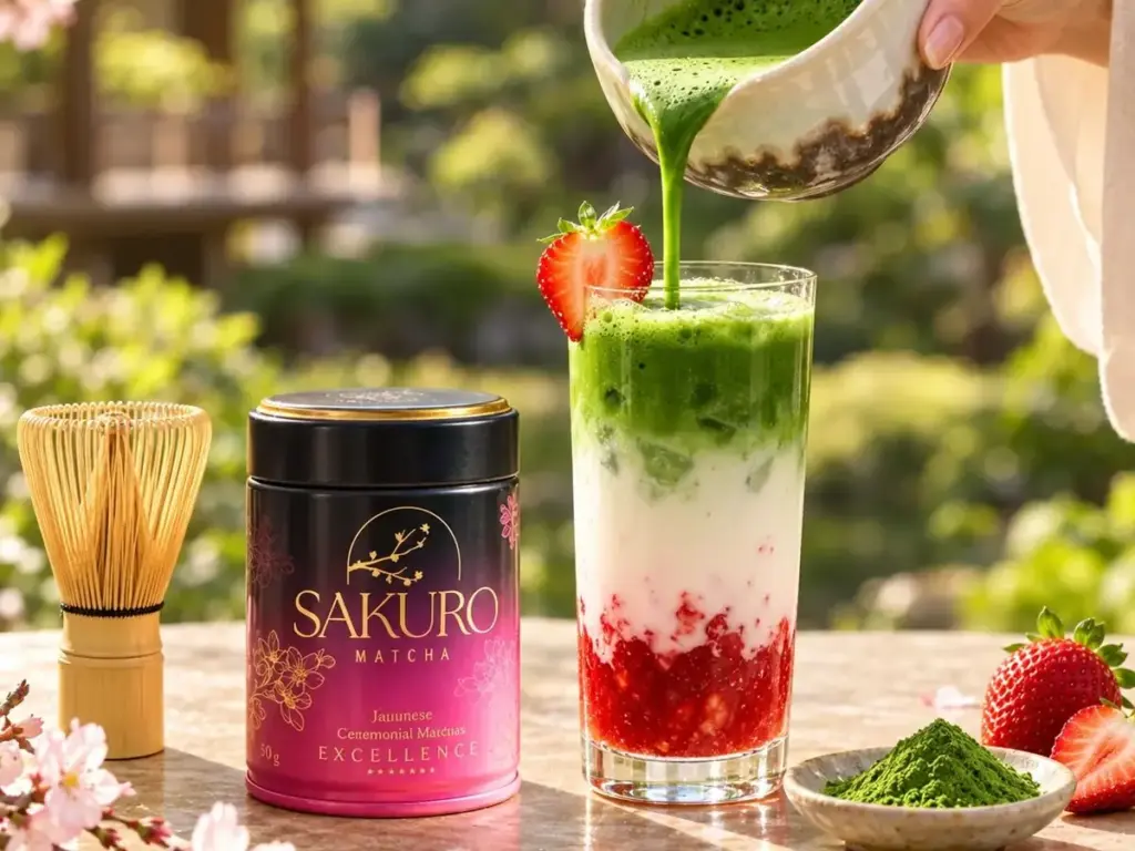 Matcha poured from a bowl into a strawberry latte, with a Sakuro can and chasen nearby
