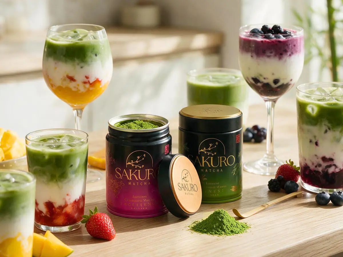 Colorful matcha drinks: mango, strawberry, berry — with Sakuro cans nearby