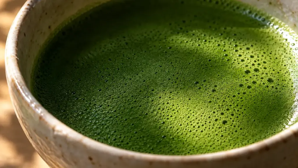 Matcha set: macro shot of thick, fine foam of whisked matcha in a ceramic bowl