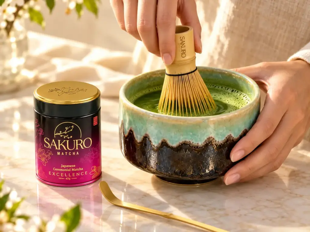 Hands whisking matcha with a chasen in a bowl, with a Sakuro Excellence can nearby