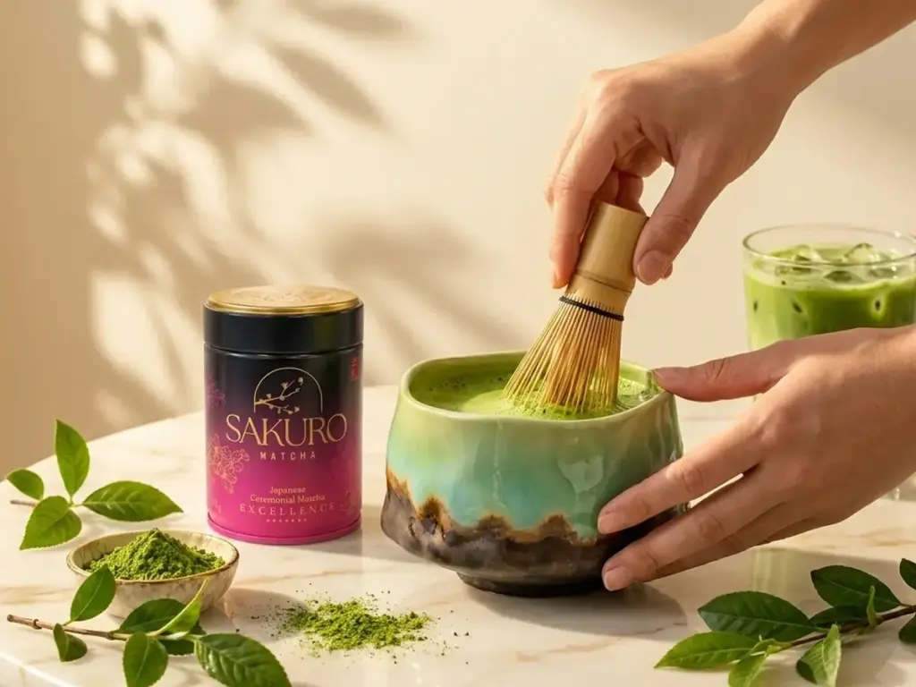 Chasen: hands whisking matcha in a Hisui bowl, with a Sakuro Excellence can nearby